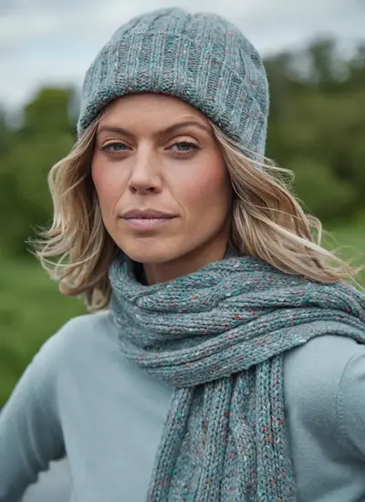 Woman wearing a sea foam Fisherman Donegal fleck ribbed beanie, styled with a matching flecked scarf.